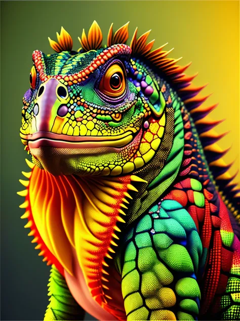 colored in  iguana skin pattern, , cgi art, red-yellow colors, hyperrealistic , pinterest, photorealistic artstyle, in rich color, an ai generated image, very detailed portrait, singing for you, breathtaking render, phsycodelic elements