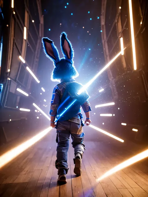 wide shot, A small rabbit cute warrior from behind, Blue color, walking through the Forgotten Gateway of Time and Space, detailed, ultra intricate, sci-fi, galaxy, depth of field, (space and time:1.2), (best quality,4k,8k,highres,masterpiece:1.2), ultra-de...