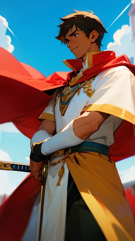 handsome,tan skin,hero costume,wears cape,holds a holy sword