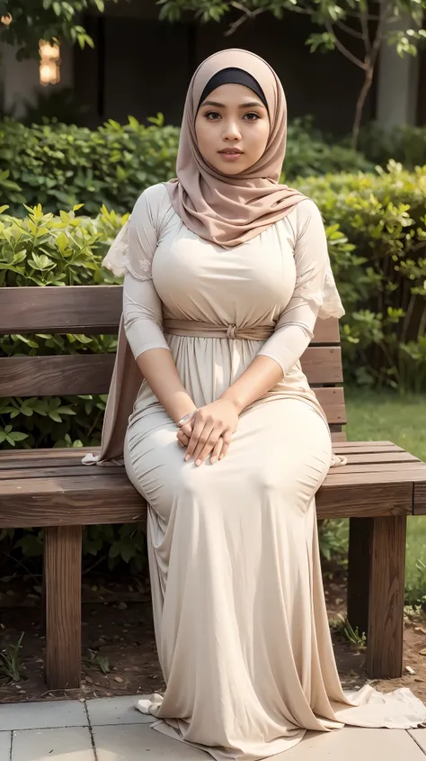 RAW, (Best quality, high resolution, work: 1.3), Beautiful Malay woman in hijab, fit body, Big breasts, Beautiful big eyes, Soft smile, beautiful face, slightly open mouth, thick thighs, beautiful girl, beautiful breasts, detail face, woman sitting on a be...