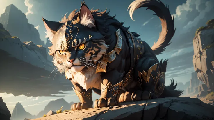 The majestic battle cat, a feline warrior clad in gleaming black armor, stands proudly on a rocky cliff. Its piercing yellow eyes glow with determination, scanning the horizon for signs of enemy threat. The intricate metallic patterns on its shield depict ...