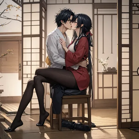 man kissing a woman on the mouth in a Japanese house
