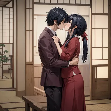 man kissing a woman on the mouth in a japanese house