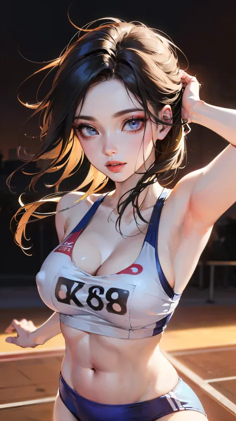 Jinx, Fleshy thighs, Instagram pose, Dynamic angle, Show armpits, ((Sportswear, C cup)), Nipples, Happy expression, (Entire body image:1.5), (8K, Best quality, A high resolution:1.35), (RAW photo:1.2), (Photorealistic:1.37), (Masterpiece: 1.25), Dramatic l...