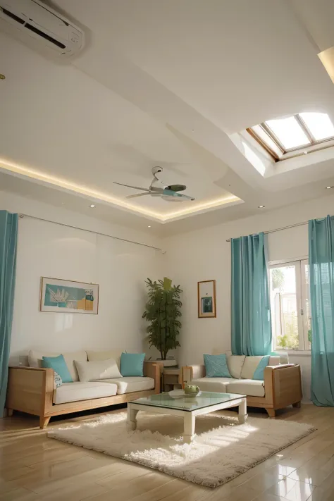 Create a middle class Indian home (flat) living room interior with very  low hight white coloured roof and light teal coloured walls, frames on the walls, no windows. no vents at roof.