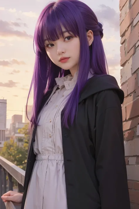 a woman with purple hair standing on a balcony in front of a brick wall,