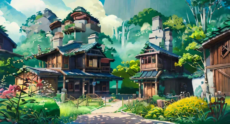 painting of a house with a green roof and garden, studio ghibli smooth concept art, studio ghibli environment, studio ghibli con...