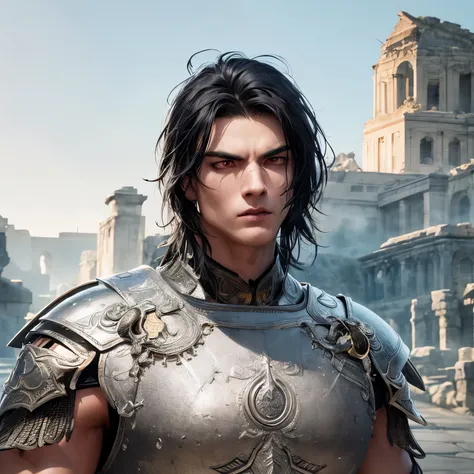 smoky black hair,strong jawline, muscular build, confident stance, sunset background, ancient Roman architecture, golden armor, detailed helmet, menacing look, piercing red eyes, battle scars, intense lighting, photorealistic quality, high-resolution maste...