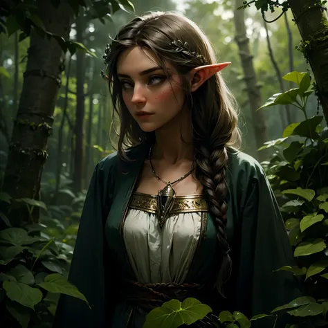 female elf, long black hair, braided hair, brunette, round face, green and white clothes, in a forest, fantasy character