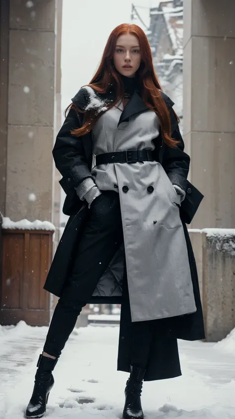 beautiful woman, long red hair, full body shot, falling snow, fashion editorial balenciaga, hyper realistic