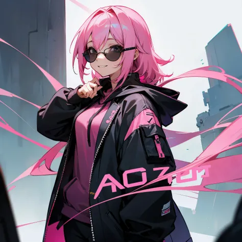 1female , Pink Hair , Smiling Expression , Black Shades , Black Hoodie , Hoodie Not on shoulders , Adult Female , Curvy 