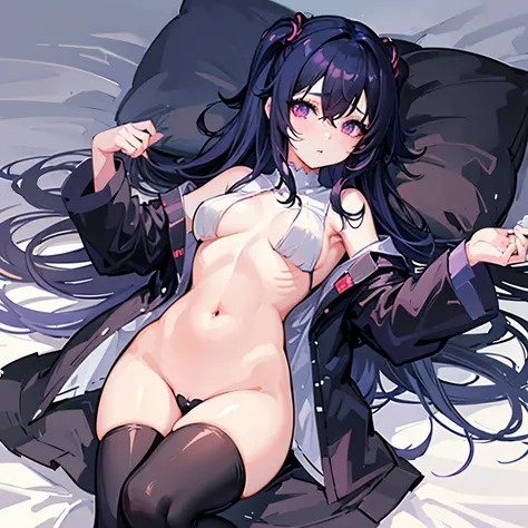 Lying on bed in black underwear、Anime girl with open shirt, seductive anime girls, big curve , Beautiful anime girl lying down, Hands touch thighs, Best Anime 4K Konachan Wallpapers, [ 4k digital art ]!!, guweiz on pixiv artstation, Anime cute art style, S...