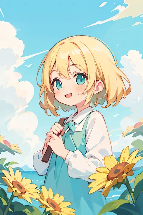 masterpiece, best quality, charming, kawaii, 1 girl, alone, blonde hair, aqua eyes, Smile, sunny, cloudy sky,