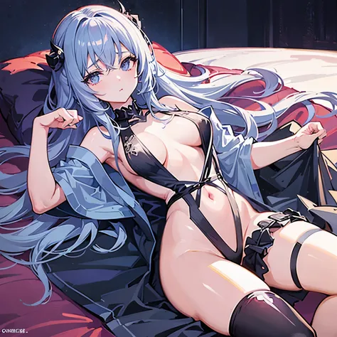 Lying on bed in black underwear、Anime girl with open shirt, seductive anime girls, big curve , Beautiful anime girl lying down, Hands touch the inner thighs, Best Anime 4K Konachan Wallpapers, [ 4k digital art ]!!, guweiz on pixiv artstation, Anime cute ar...