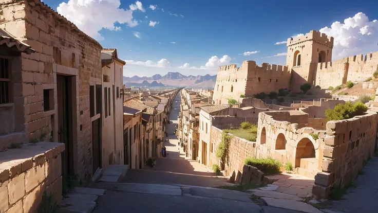 panoramic view, architecture, ancient, fortified city, Jericho, biblical era, massive stone walls, imposing watchtowers, sturdy gates, bustling streets, adobe structures, historical authenticity, dramatic sunset lighting, aerial perspective --ar