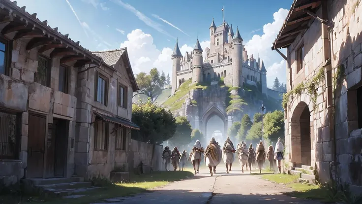 A realistic drawing of a photo of an ancient castle with Warriors and many people walking.