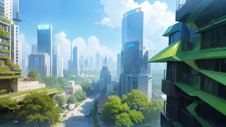 In the heart of a futuristic green city, the vibrant hues of lush greenery and advanced architectural structures converge in a breathtaking tableau. Building facades, adorned with luscious vegetation and sculpted in sleek lines, soar towards the sky. The s...