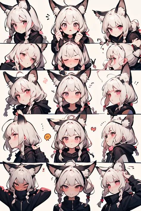 9 emojis,9 different emotions,pink,girl with shoulder-length hair,wearing a tube_top,fox ears,silver hair and mismatched pupils