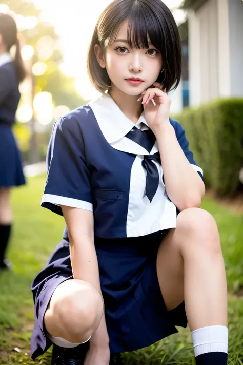 arafed asian woman in a school uniform sitting on the ground, cute , surreal , photo of high school girl posing, japanese school...