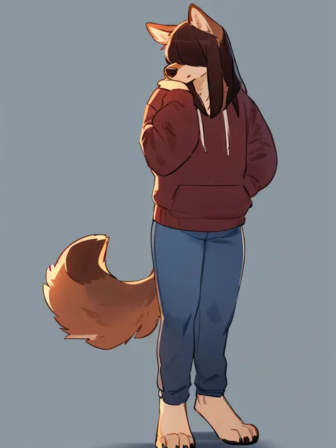 By bebebebebe, by lostgoose, by goonie-san, female, ((canine, snout, hair covering eyes, straight hair, medium hair, flat hair, ears, thin snout)), brown fur, big poofy tail, raised tail, dark maroon hair, solo, blue skinny jeans, band hoodie, standing