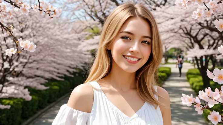 Instagram pictures, a French Girl, Shoulder length hair, with light blonde hair, Close-up photo, Walking in a public garden with cherry blossom, Japan, smiling a little,