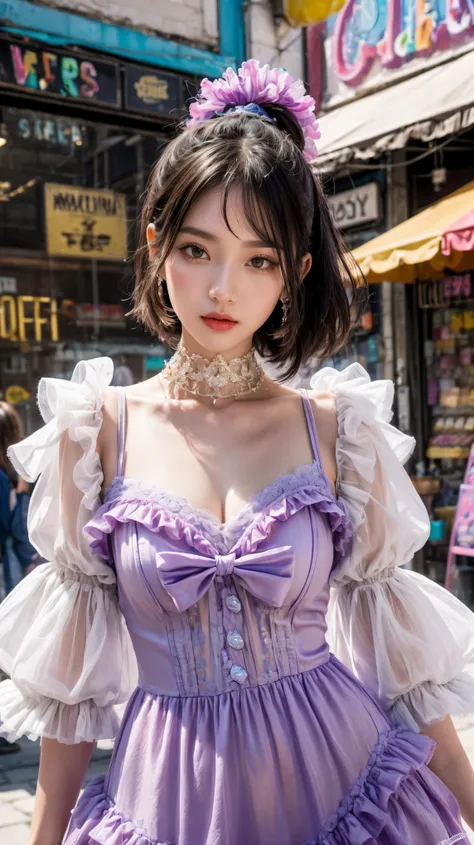 1GIRL, beautiful girl, beautiful face, sassy theme style, fantasy, fine details, (best quality), (intricate details), cute style, chic style, colorful, cute candy full city background, put it in front of the candy shop, ((long healthy black hair)), best qu...