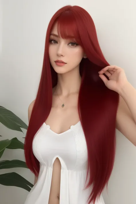 a close up of a woman with longos cabelos ruivos and a white top, peruca vermelha, with longos cabelos ruivos, Cabelo ruivo longo e liso, cabelo longo com franja cheia, longos cabelos vermelhos escuros, long hair com franja, red hair and attractive feature...