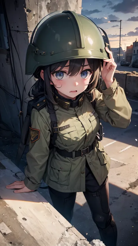 One girl in a military uniform, wearing a helmet, a devastated town, dim skies, anger, looking up, biting, despair.