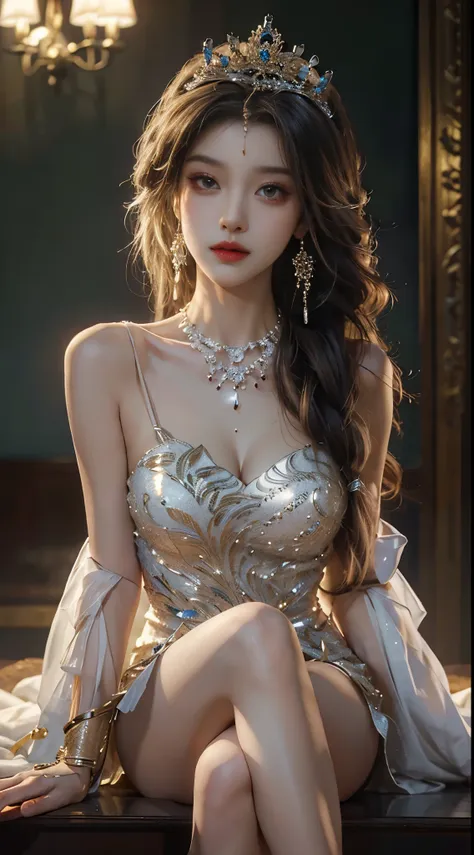 ((full body)), yushuxin,1girl,solo, ((sitting position, crossed legs, long legs)), red lips, makeup, close-up shot, elegant post...