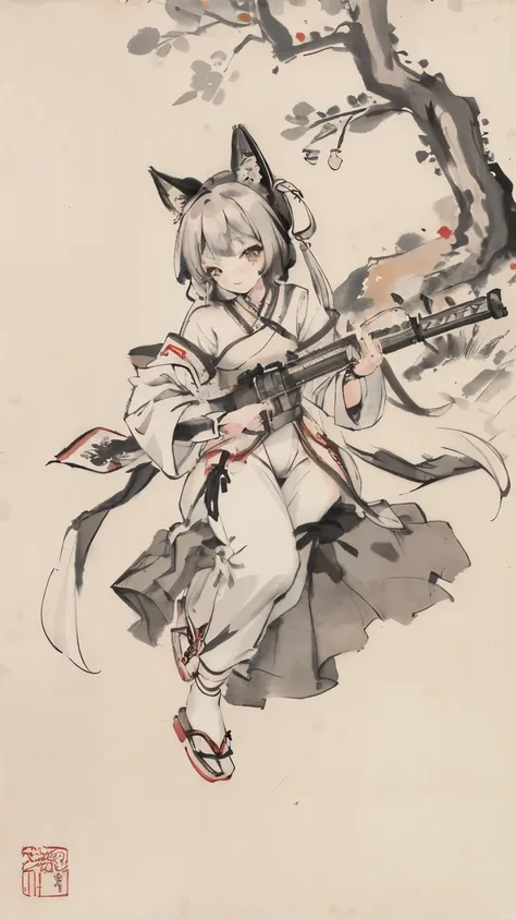 (masterpiece，highest quality：1.2），traditional chinese ink painting，Fox-eared girl,Have an assault rifle