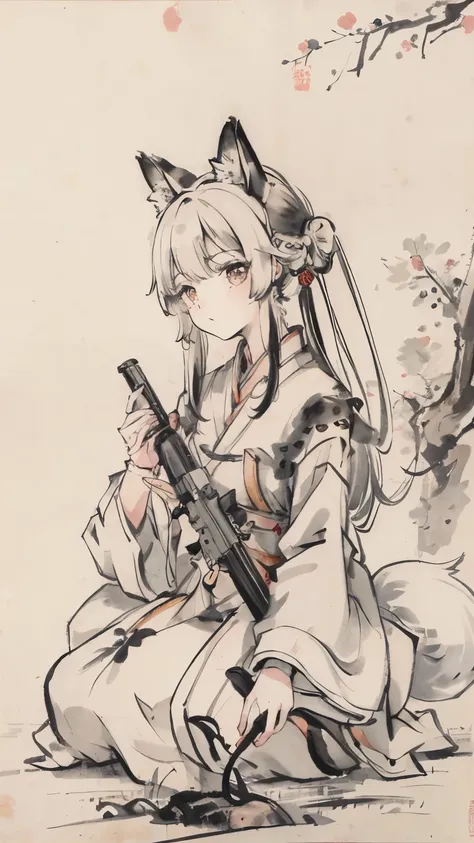 (masterpiece，highest quality：1.2），traditional chinese ink painting，Fox-eared girl,Have an assault rifle