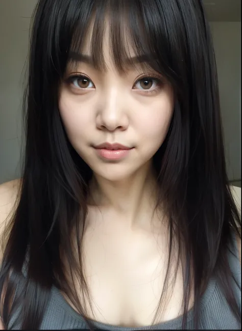 Un primer plano de una mujer con cabello largo y negro y una blusa negra, pelo cortado hime negro, ulzzang, chica linda-cara-fina, Young cute pale asian face, ella tiene el pelo negro con flequillo, muchacha coreana, linda cara de anime natural, pelo negro...