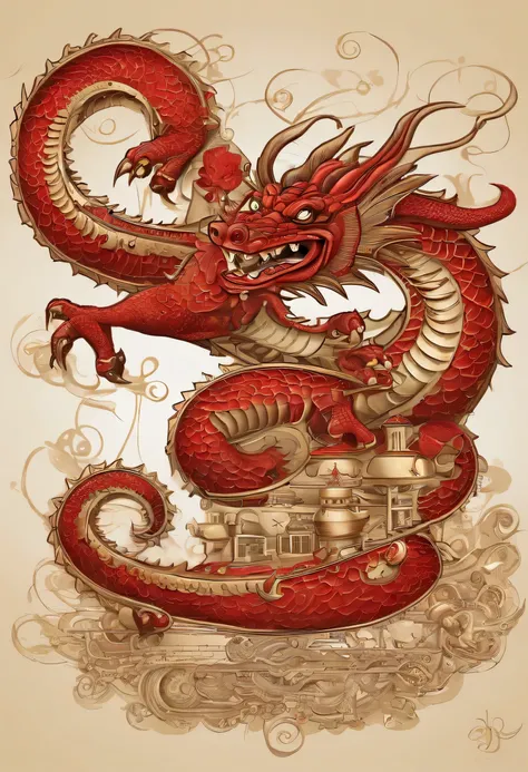 River diagram，(((cartoon characters 1.3)))，(((super cute red dragon)))，(((Chinese dragon)))，smile，HD Real，red scales，golden eyes，flying in the air，HD pictures，medium distance，soft light，