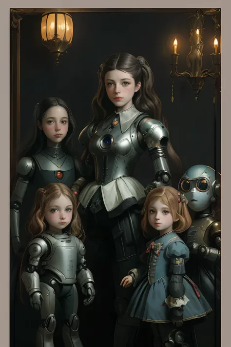 Painting of a robot family reunion in a room with a robot dog, inspired por Diego Velzquez, ((artwork The Girls of Velazquez version cyborg and robots)) , Diego Velzquez, Velasquez, inspirado en Gabriel Metsu, inspirado por Pieter Jansz Saenredam, inspirad...