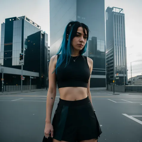 arafed woman with blue hair and a black top standing in a city, photograph of a techwear woman, wearing a cropped black tank top, cyberpunk style outfit, wearing a black cropped tank top, posing in an urban street, gothic city streets behind her, in a cybe...