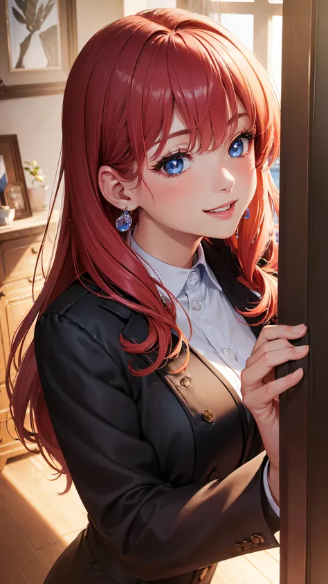  1 woman, (((((UHD))))), (((((masterpiece))))), ((((super detail)))), high details, ((((high quality)))), ((((best quality)))), (((highres))), ((((16k)))), ((Shadows)), red hair, hair over shoulder, side swept bangs, (black casual jacket), heart-shaped pup...