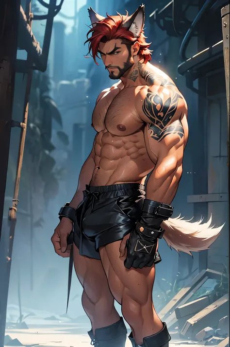 ((showing deep v-line)) punk alpha male, monster, huge, very powerful, dark tan skin, ((wearing boots)), standing up and leaning back, hips forward, very thin waist, the worlds largest biceps, hyper muscle, super broad shoulders, ((vascular)), monstrous pe...