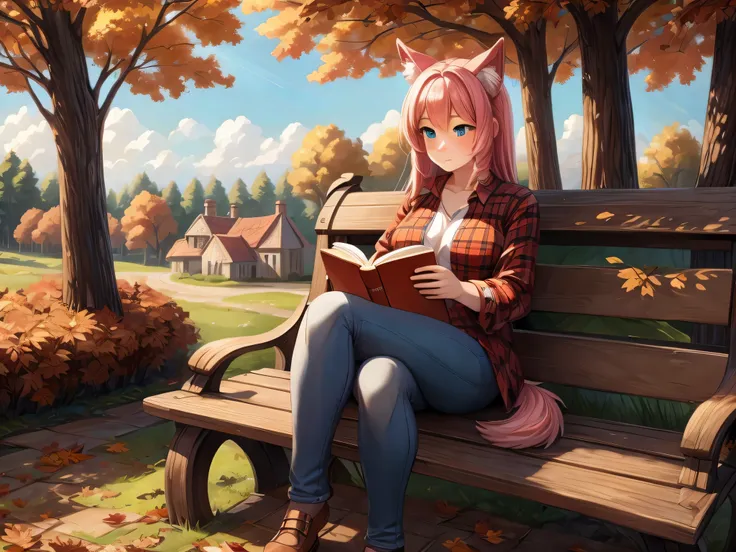 (Masterpiece) (High Detail) (High Res) A short cute humanoid girl with pale skin and turquoise eyes and long pink hair and pink dog ears and a big fluffy pink dog tail and average breasts is sat alone on a bench in front of a small cottage in the countrysi...