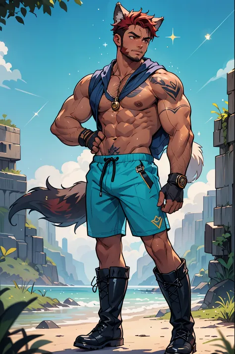 ((showing deep v-line)) punk alpha male, monster, huge, very powerful, dark tan skin, ((wearing boots)), standing up and leaning back, hips forward, very thin waist, the worlds largest biceps, hyper muscle, super broad shoulders, ((vascular)), monstrous pe...