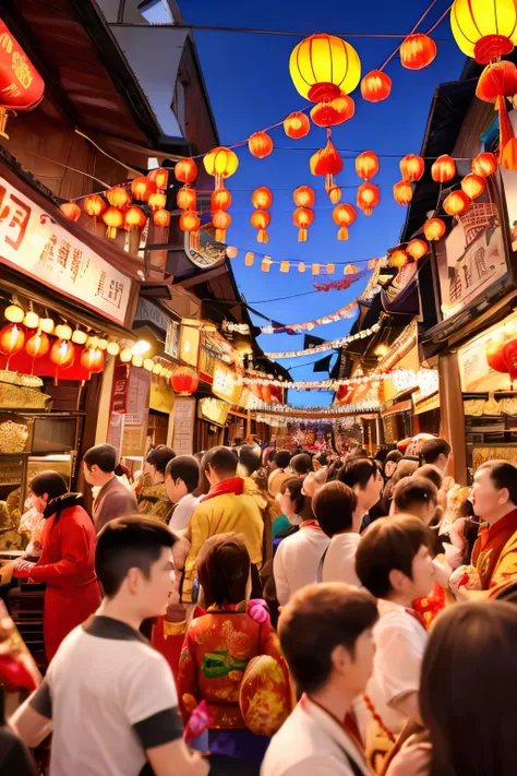 Chinese New Year festival in full swing, vibrant and festive atmosphere engulfs the real city landscape, flags and decorations bearing the Year of the Dragon adorn buildings and streets, a riot of colors and energy, bustling markets and joyful crowds, a ma...