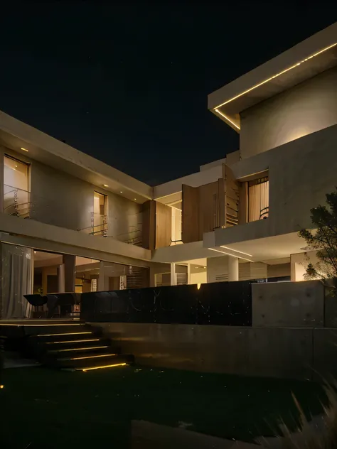 Luxury house with american style fasad, with soft yellow light come from other side, at dark night sky