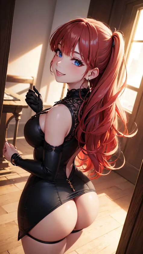  1 woman, (((((UHD))))), (((((masterpiece))))), ((((super detail)))), high details, ((((high quality)))), ((((best quality)))), (((highres))), ((((16k)))), ((Shadows)), red hair, hair over shoulder, side swept bangs, (Black Sleeveless Lace Up Bodycon Mini ...