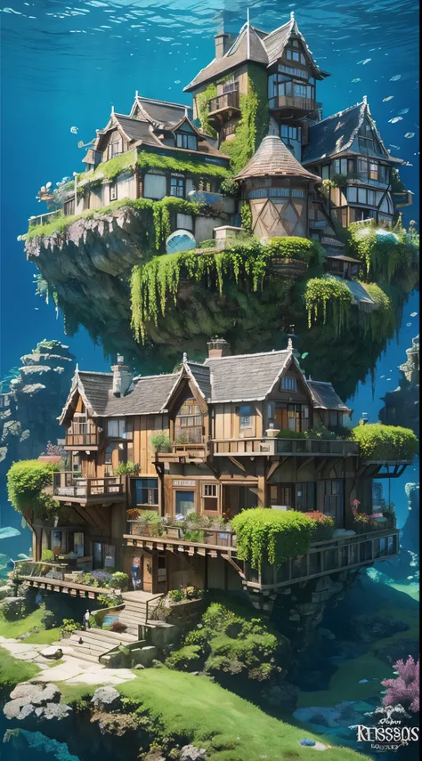 color (fantasy: 1.2), (Hayakaze Miyazaki), (Irregular Buildings Floating Under the Sea), Patchwork Cottage, Moss Decoration, circle, light, Concept Art Inspired by Andreas Rocha, Artstation contest winner, fantasy art, (Underwater city), Ross Tran, lightシャ...