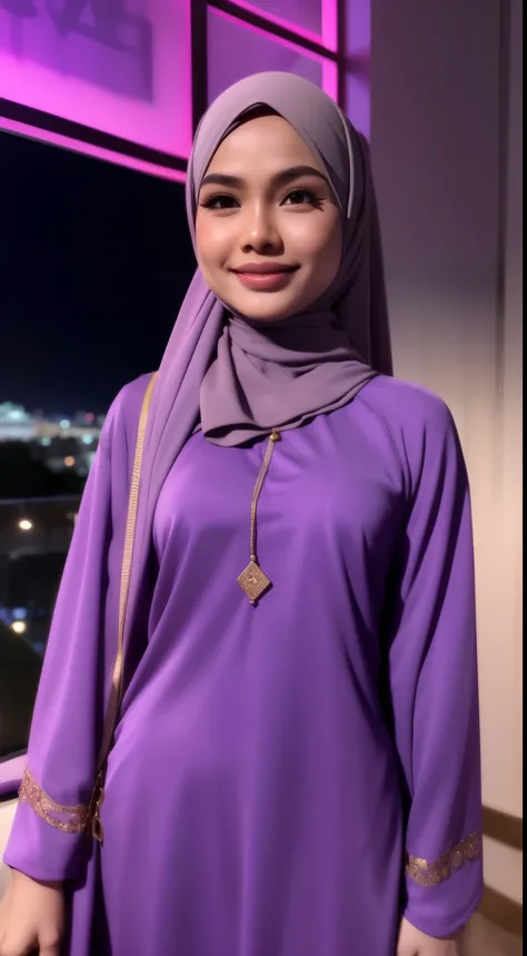 Malay girl in hijab wear tight floral purple baju kurung malaysia in college, wear back pack, front view, detail skin, detail skin texture, mole below eyes, small breast, big hip, big waist, big thigh, slim abs, beautiful body, nighttime, laughing, happy, ...