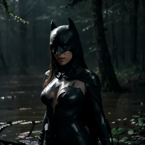 make me a photo, a beautiful sexy Batman woman and a Batman man, who is darker and more scary, has big wings, skin looks rough, wet, bright red eyes and his body is full of wounds, wearing Batman clothes, his chest is slightly covered transparently, looks ...