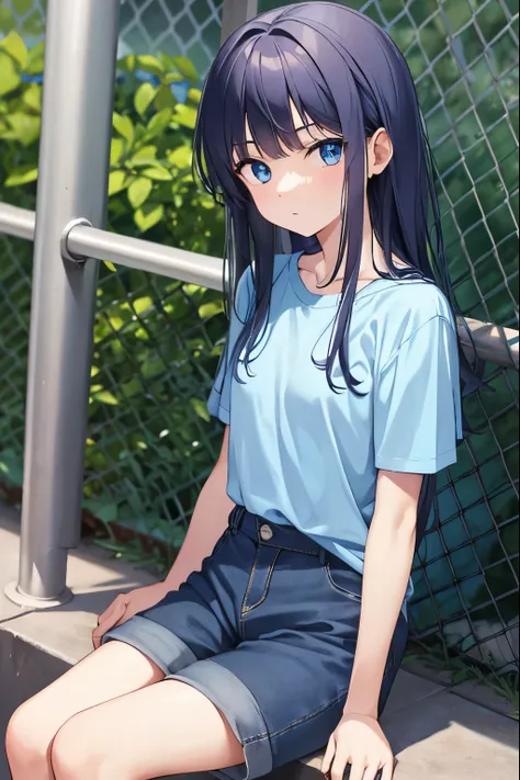 eye color is blue　　short sleeve t-shirt　half pants　long hair　1girl　elementary school girl