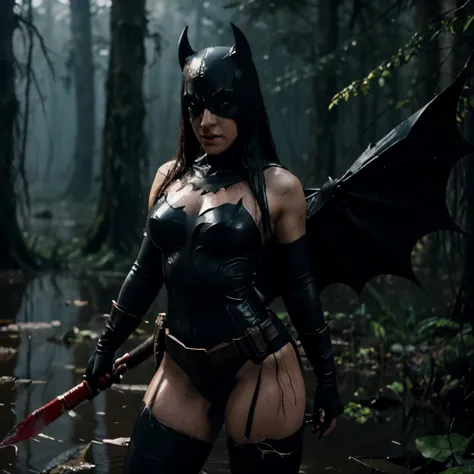 take me a photo, female batman, who is darker and more scary, has big wings, skin looks rough, wet, eyes are bright red and her body is full of wounds, wearing damaged batman clothes, seen emerging from the swamp while holding a sword, body looks sweaty, b...