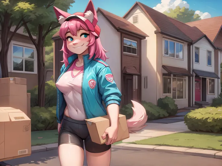 (Masterpiece) (High Detail) (High Res) A short cute humanoid girl with pale skin and turquoise eyes and long pink hair and pink dog ears and a big fluffy pink dog tail and average breasts. She is dressed as a Delivery driver and is wearing a cap and jacket...