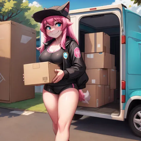 (Masterpiece) (High Detail) (High Res) A landscape view of a suburb with a A short cute humanoid girl with pale skin and turquoise eyes and long pink hair and pink dog ears and a big fluffy pink dog tail and average breasts. She is dressed as a Delivery dr...