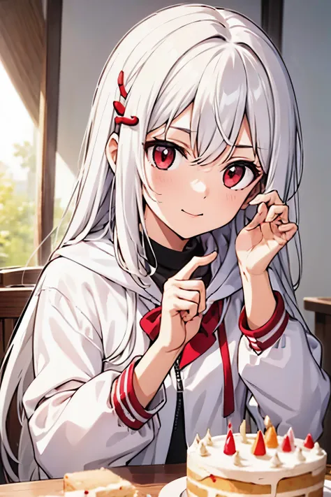 kawaii,cute, 1 girl, solo, white hair, bangs, hair ornament, red eyes, point finger, close view, from adove, serious, white jacket, red eyes, BREAK simple background, messy hair, long hair, happy birthday cake